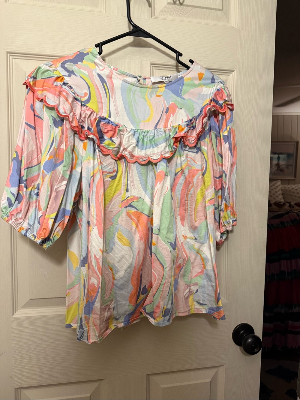 Crosby by Mollie Burch Pastel Swirl Ruffle-Neck Women’s Top